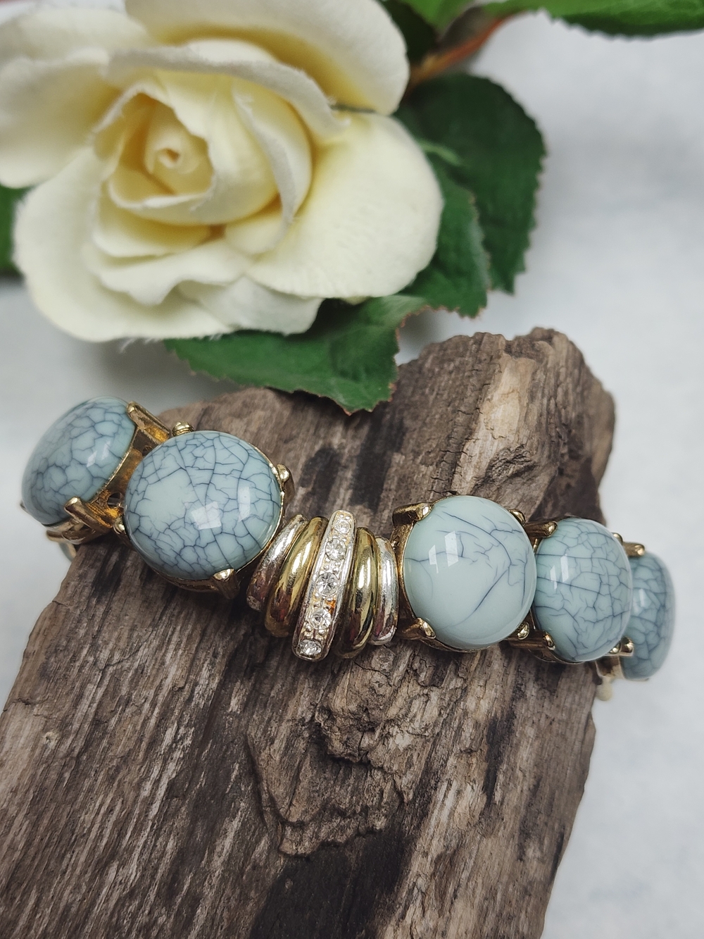 Gold-Tone Stretch Bracelet with Light Blue Marble Cabochons